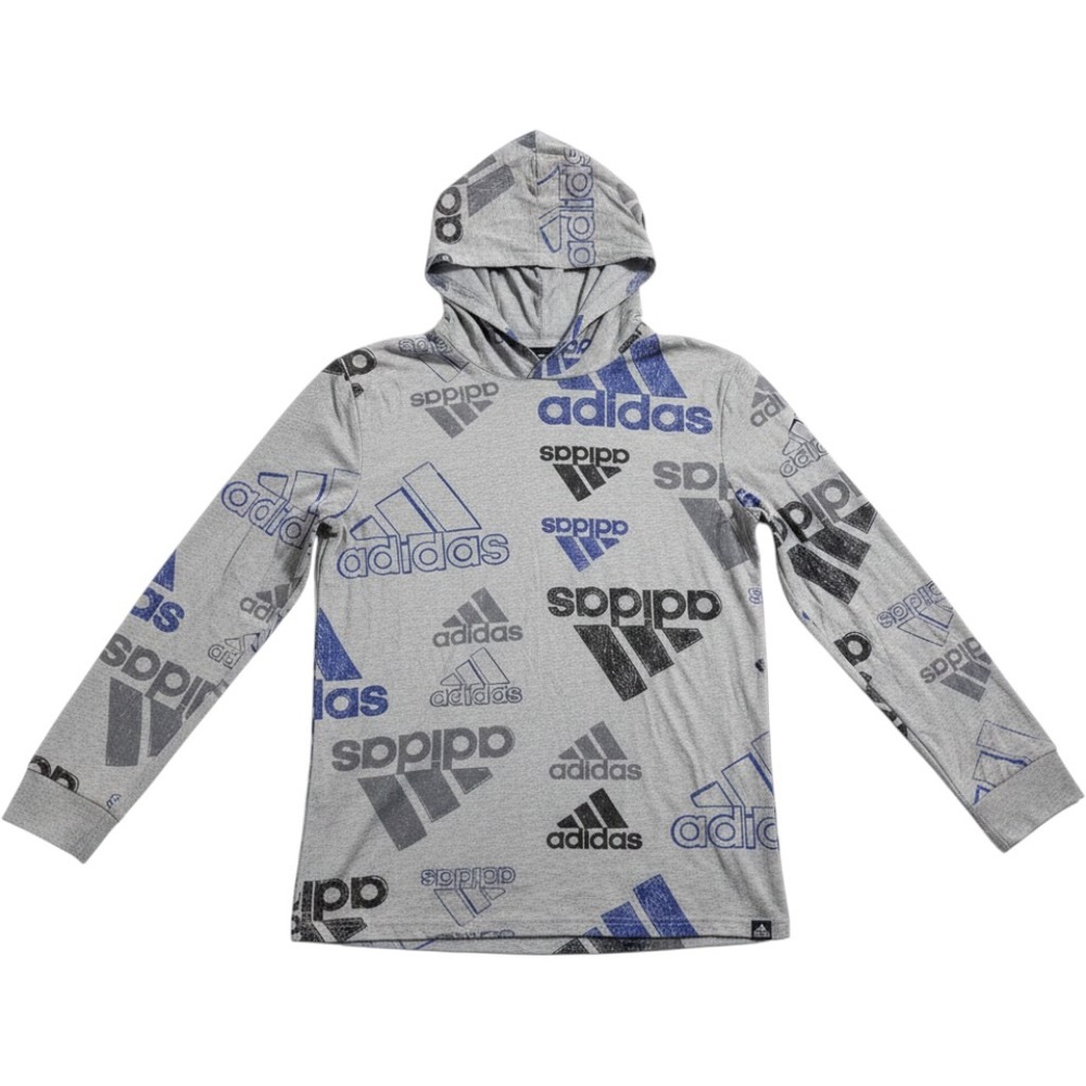Adidas Shirt Boys 18/20 Gray Hooded Long Sleeve Allover Logo Graphic Tee Top